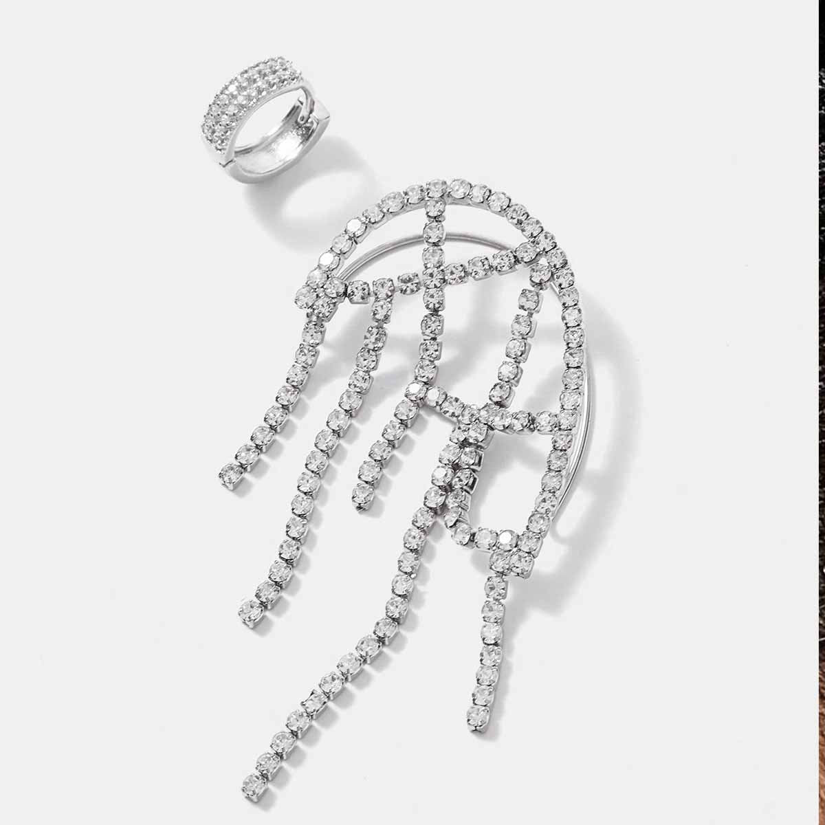 Sweet Silver Mesh Tassel Earrings For Unisex, Alloy Material With Rhinestone Inlay