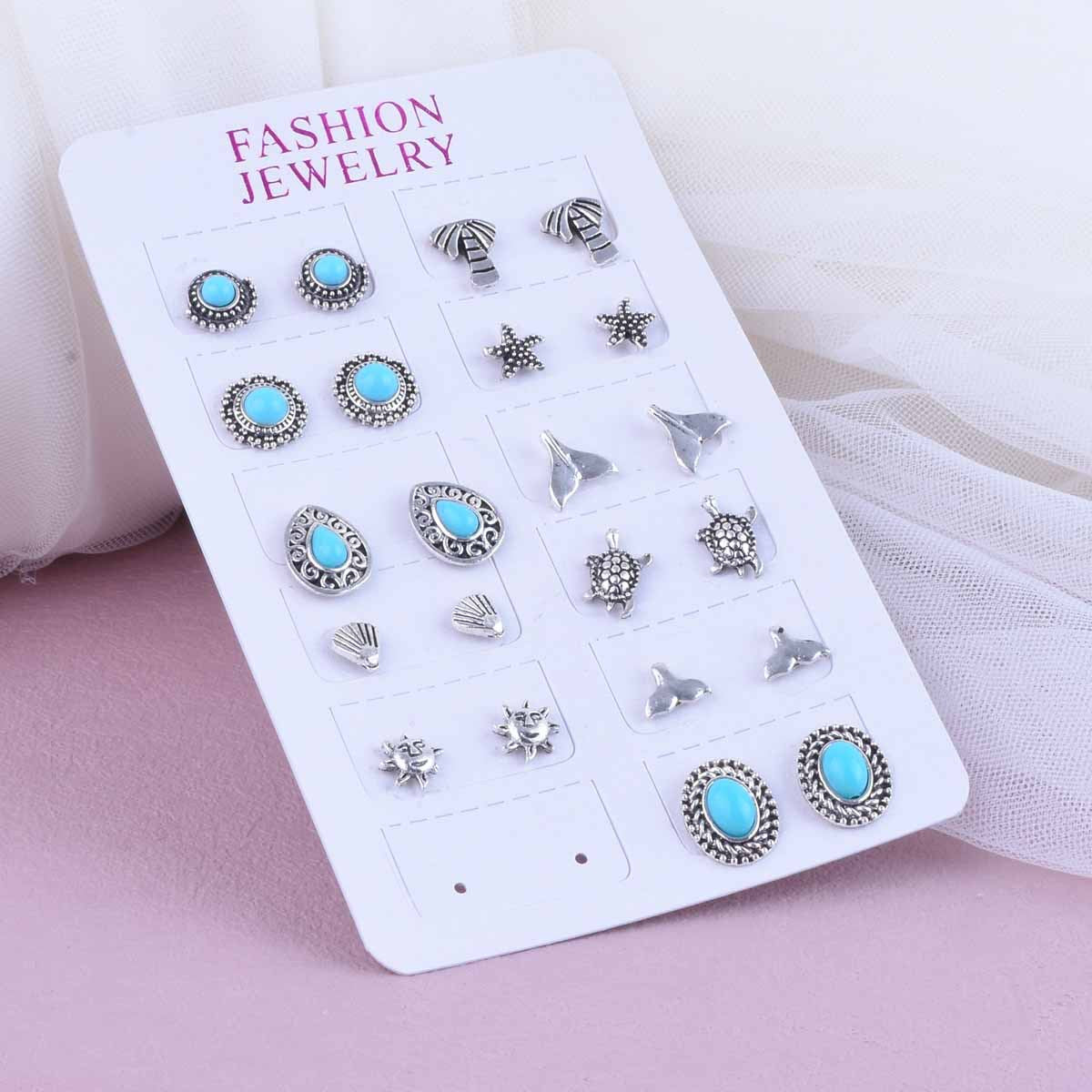 Sweet Starfish Carving Earrings In Antique Silver Plated Alloy With Turquoise Inlay, Unisex Design