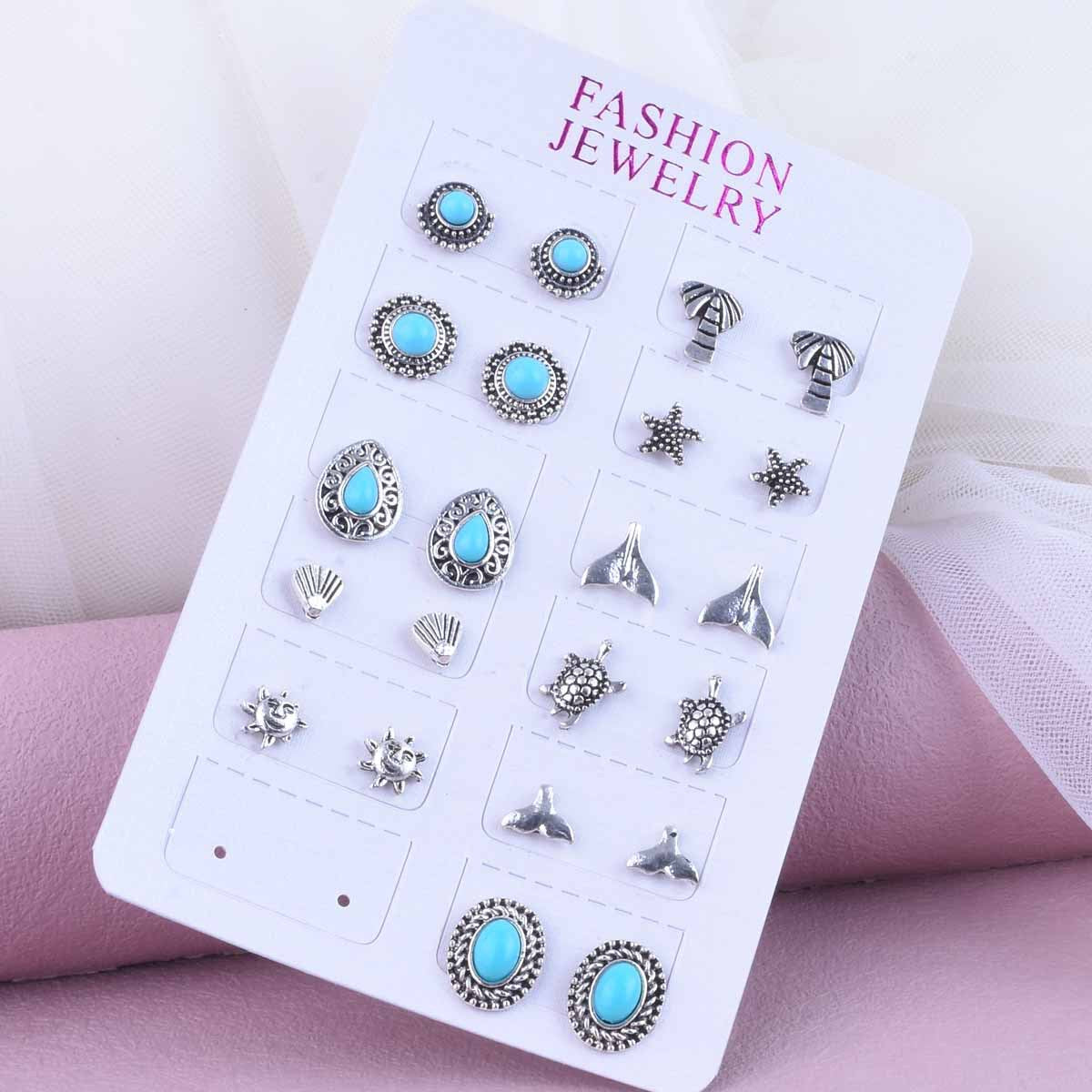 Sweet Starfish Carving Earrings In Antique Silver Plated Alloy With Turquoise Inlay, Unisex Design