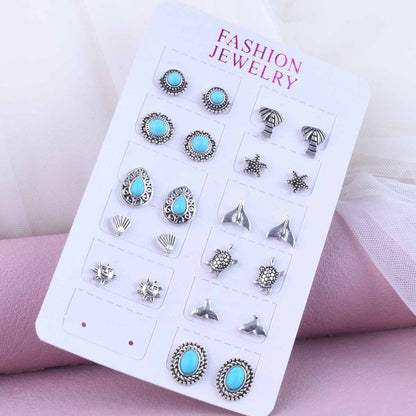 Sweet Starfish Carving Earrings In Antique Silver Plated Alloy With Turquoise Inlay, Unisex Design