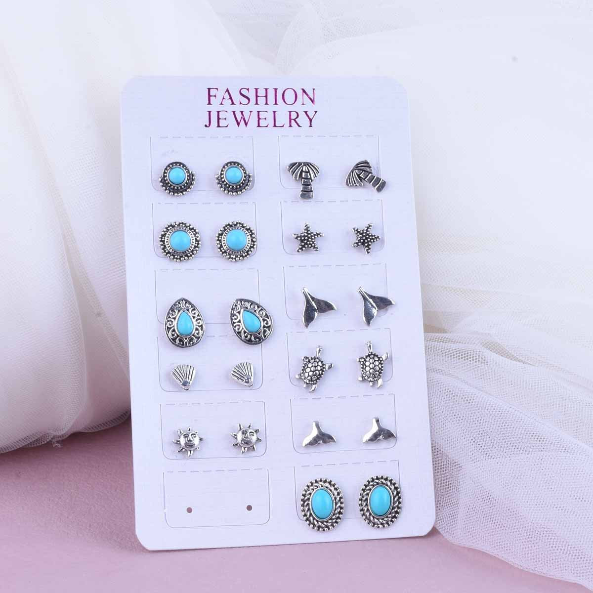 Sweet Starfish Carving Earrings In Antique Silver Plated Alloy With Turquoise Inlay, Unisex Design