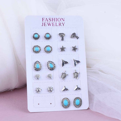 Sweet Starfish Carving Earrings In Antique Silver Plated Alloy With Turquoise Inlay, Unisex Design