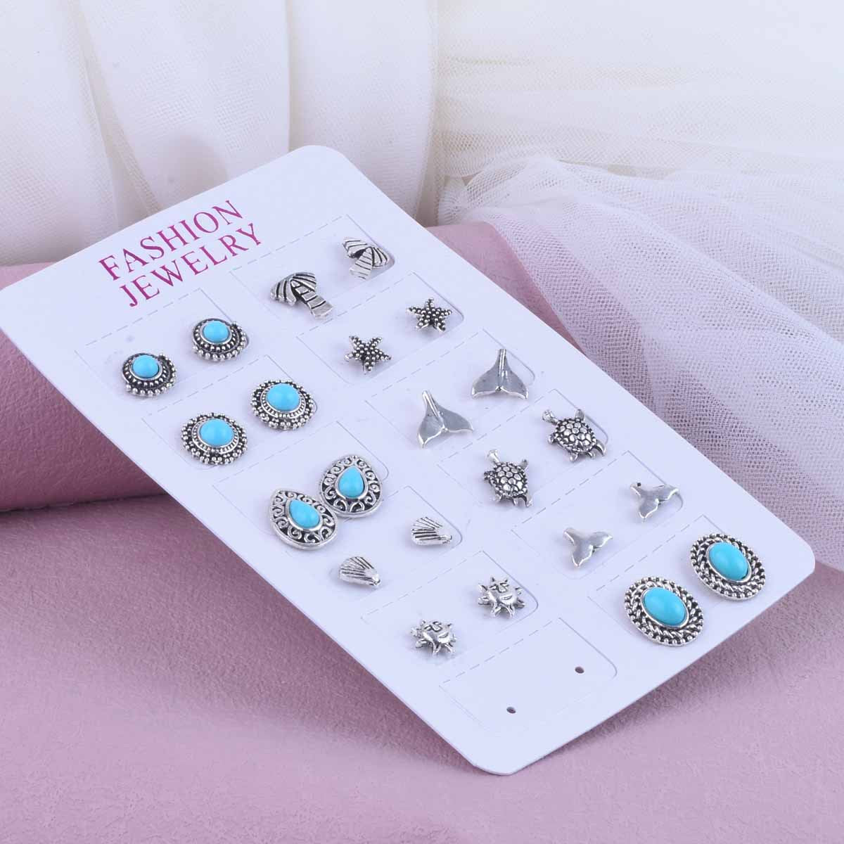 Sweet Starfish Carving Earrings In Antique Silver Plated Alloy With Turquoise Inlay, Unisex Design