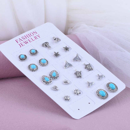 Sweet Starfish Carving Earrings In Antique Silver Plated Alloy With Turquoise Inlay, Unisex Design