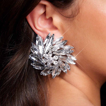 Exaggerated Geometric Silver Alloy Clip Earrings With Rhinestones, Unisex Design