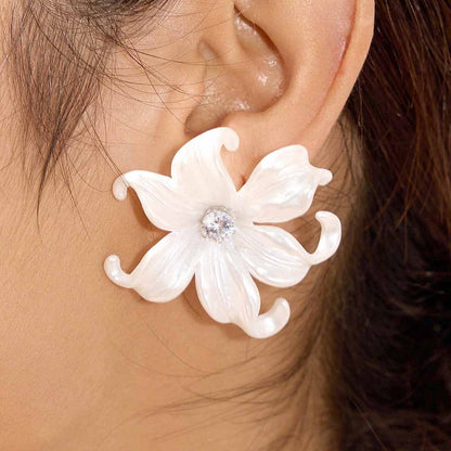 Exaggerated White Flower Earrings For Women, Electroplated Alloy Design