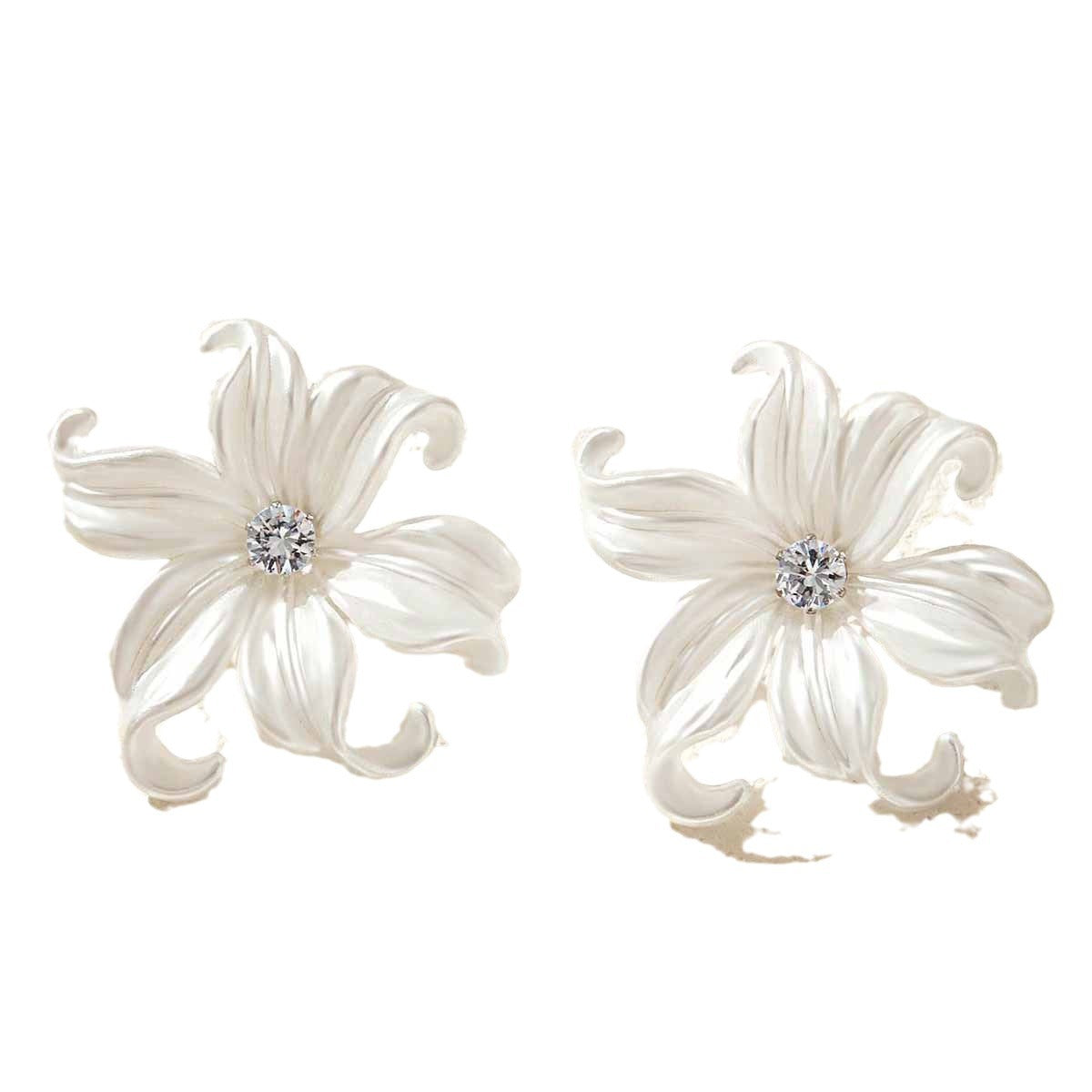Exaggerated White Flower Earrings For Women, Electroplated Alloy Design