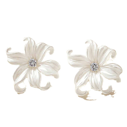 Exaggerated White Flower Earrings For Women, Electroplated Alloy Design