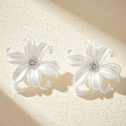Exaggerated White Flower Earrings For Women, Electroplated Alloy Design