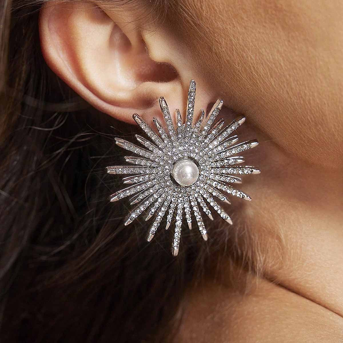 Sweet Silver Flowers Earrings With Electroplated Alloy And Zircon Inlay, Elegant Floral Jewelry