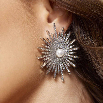 Sweet Silver Flowers Earrings With Electroplated Alloy And Zircon Inlay, Elegant Floral Jewelry