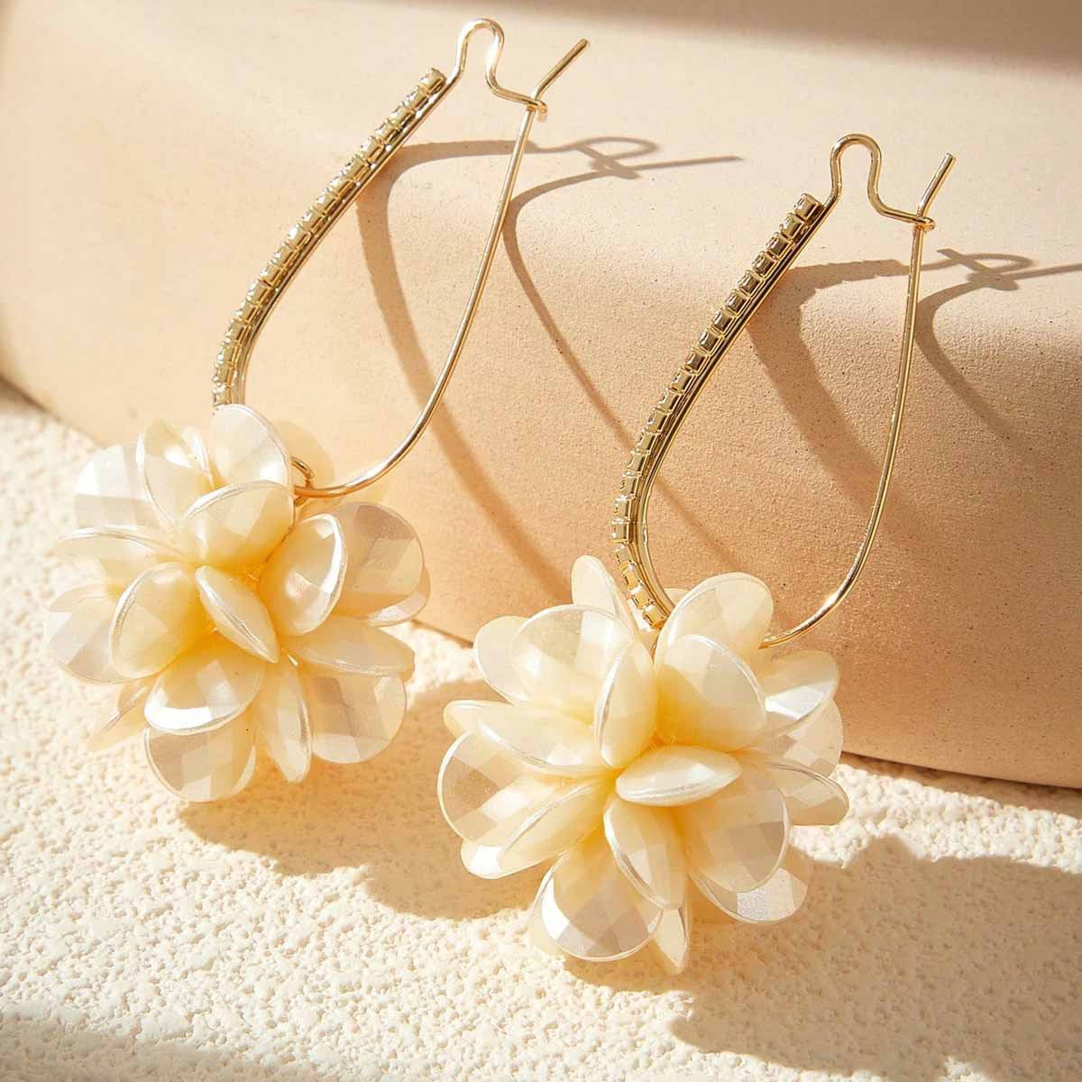 Simple Style Gold Flowers Ear Hook Earrings For Women With Electroplated Alloy And Rhinestones Inlay
