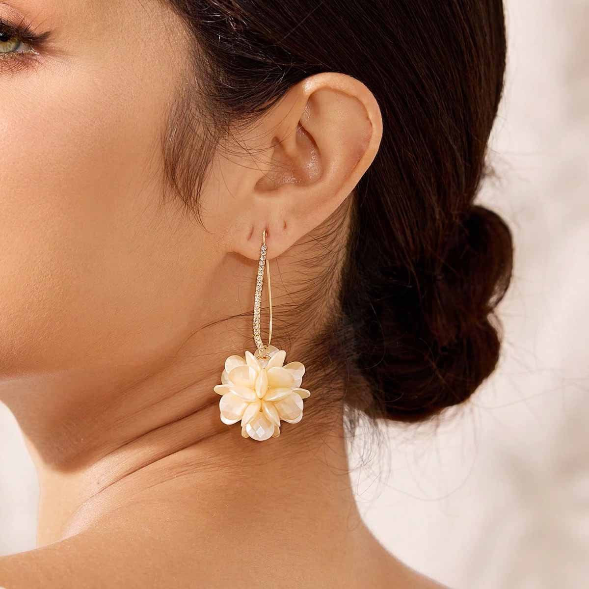 Simple Style Gold Flowers Ear Hook Earrings For Women With Electroplated Alloy And Rhinestones Inlay