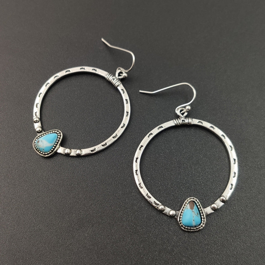 Retro Circle Hoop Earrings For Women In Antique Silver Plated Alloy With Turquoise Inlay