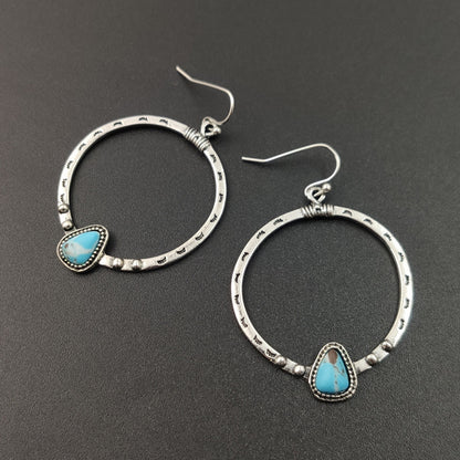 Retro Circle Hoop Earrings For Women In Antique Silver Plated Alloy With Turquoise Inlay