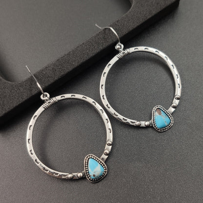 Retro Circle Hoop Earrings For Women In Antique Silver Plated Alloy With Turquoise Inlay