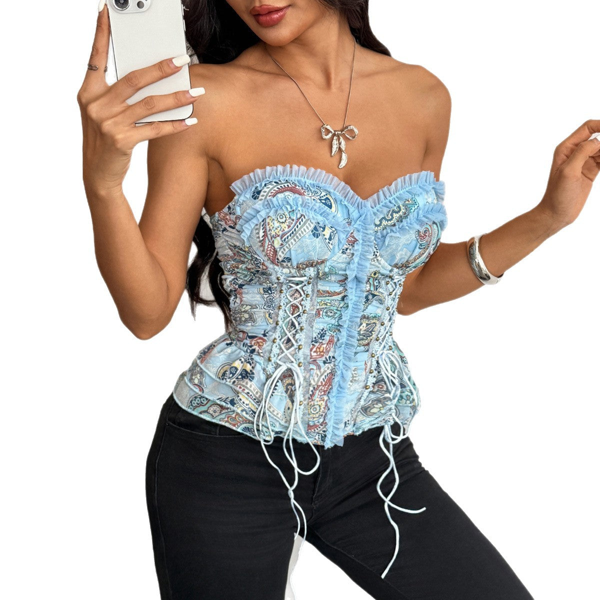 Sexy Polyester Printing Tube Bra With Ruffles And Tie Closure, Stylish Small Vest Camisole