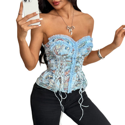 Sexy Polyester Printing Tube Bra With Ruffles And Tie Closure, Stylish Small Vest Camisole