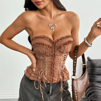 Sexy Lace Polyester Tube Bra With Ruffles And Tie Closure, Stylish Small Vest Camisole