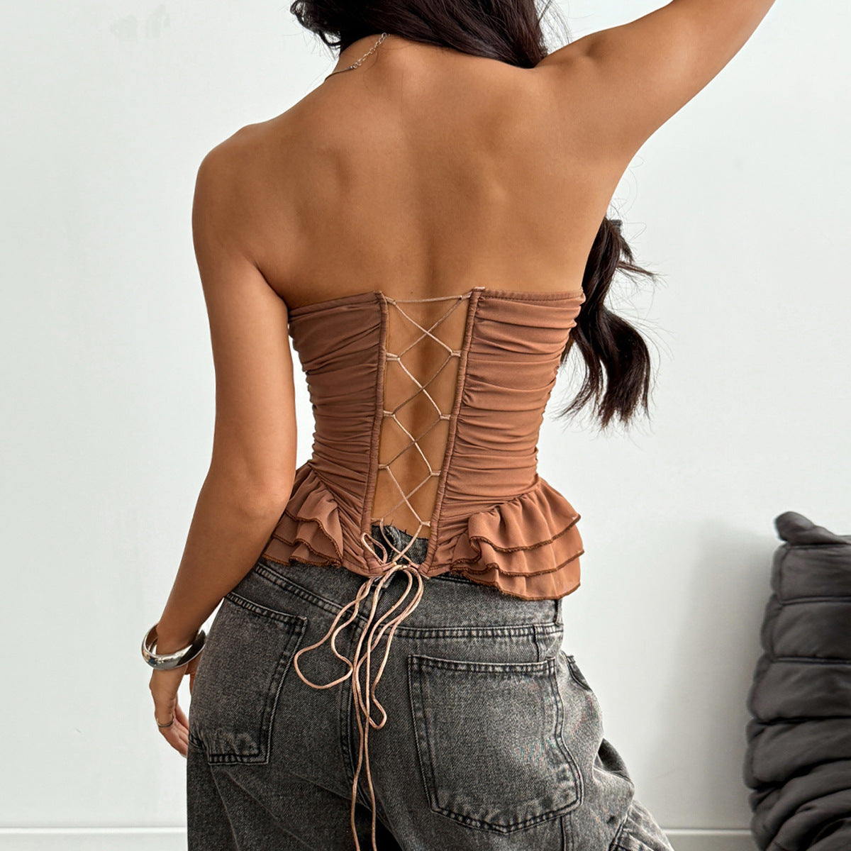 Sexy Lace Polyester Tube Bra With Ruffles And Tie Closure, Stylish Small Vest Camisole