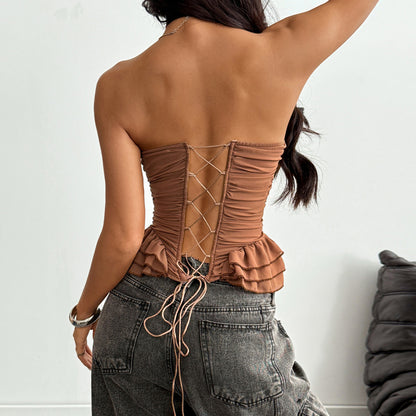 Sexy Lace Polyester Tube Bra With Ruffles And Tie Closure, Stylish Small Vest Camisole