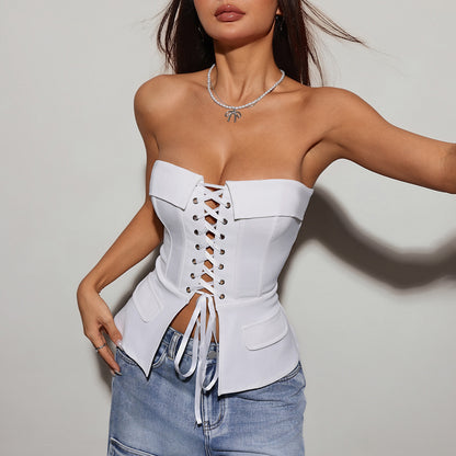 Solid Color Streetwear Polyester Tube Bra With Hollow Out Craft And Tie Closure
