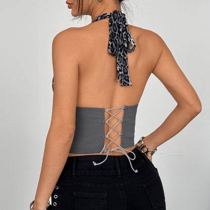 Sexy Leopard Print Polyester Halter Neck Top With Button Detail