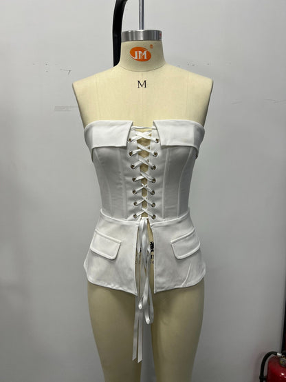 Solid Color Streetwear Polyester Tube Bra With Hollow Out Craft And Tie Closure