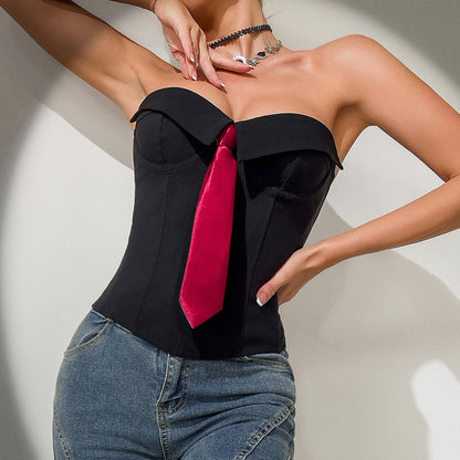 Solid Color Streetwear Tube Bra With Tie Detail In Elastane Fabric For Autumn