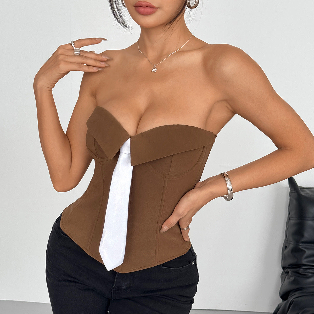 Solid Color Streetwear Tube Bra With Tie Detail In Elastane Fabric For Autumn