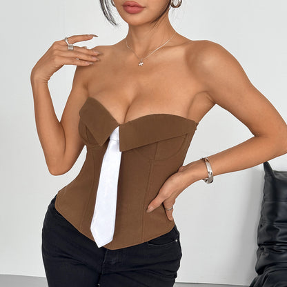Solid Color Streetwear Tube Bra With Tie Detail In Elastane Fabric For Autumn