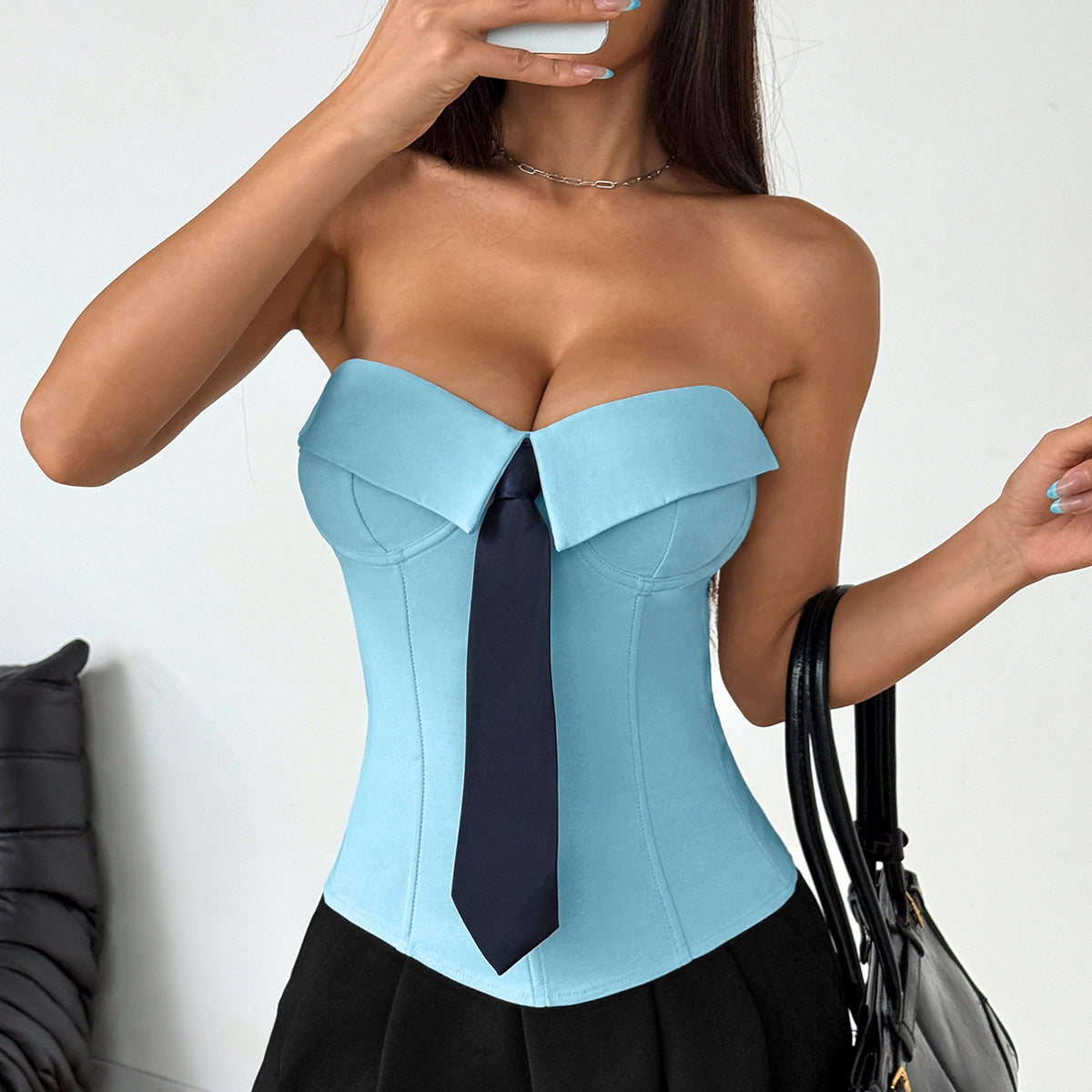 Solid Color Streetwear Tube Bra With Tie Detail In Elastane Fabric For Autumn