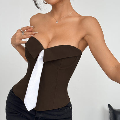 Solid Color Streetwear Tube Bra With Tie Detail In Elastane Fabric For Autumn