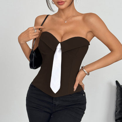 Solid Color Streetwear Tube Bra With Tie Detail In Elastane Fabric For Autumn