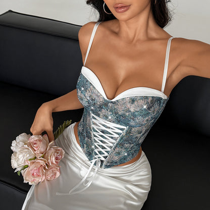 Vintage Style Polyester Tube Bra With Jacquard Craft, Tie Closure, Summer Small Vest Camisole