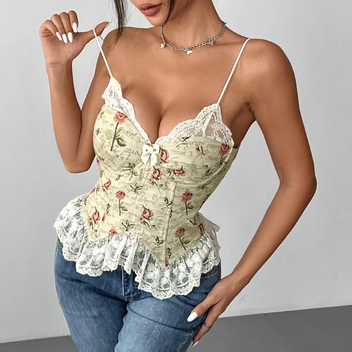 Vintage Style Polyester Plant Pattern Strap Top With Lace Detail, Perfect For Autumn