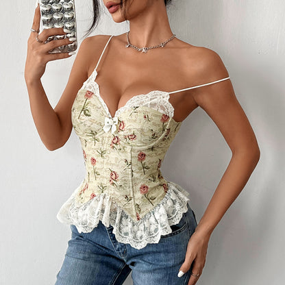 Vintage Style Polyester Plant Pattern Strap Top With Lace Detail, Perfect For Autumn