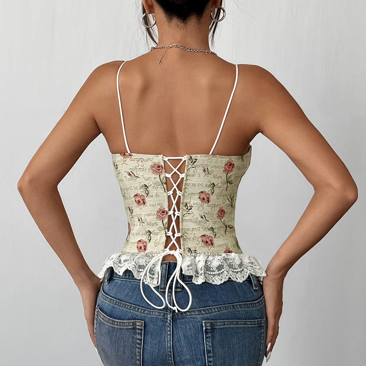 Vintage Style Polyester Plant Pattern Strap Top With Lace Detail, Perfect For Autumn