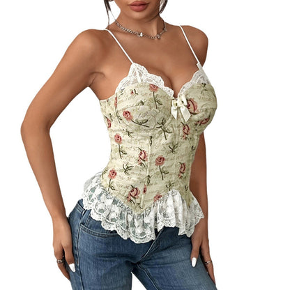 Vintage Style Polyester Plant Pattern Strap Top With Lace Detail, Perfect For Autumn