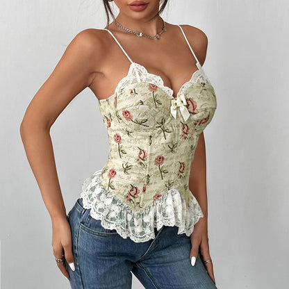 Vintage Style Polyester Plant Pattern Strap Top With Lace Detail, Perfect For Autumn