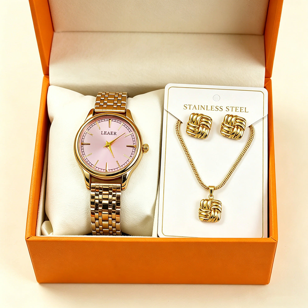 Women's Quartz Watch Jewelry Set With Round Dial, Alloy Strap, Double Side Snap Buckle, And Ordinary Glass Mirror