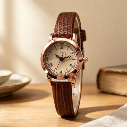 Women's Quartz Watch With Round Dial, PU Strap, Pin Buckle, And Ordinary Glass Mirror