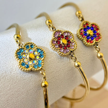 Simple Style Flowers Inlay Bracelets In 304 Stainless Steel With Zircon, Red Bangle