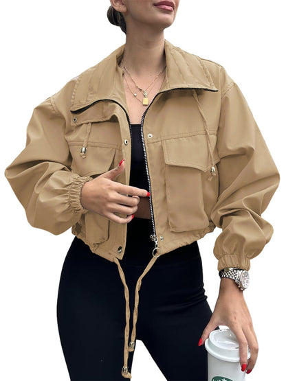 Elegant Solid Color Women's Jacket Coat With Zipper Placket, Made From Cotton Blends Fabric