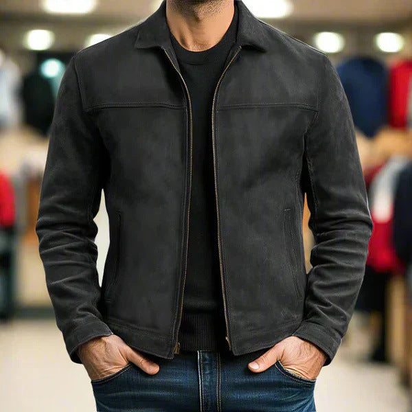 Men's Simple Style Solid Color Jacket With Zipper Placket In Dyed Black, Made From Durable PU Fabric