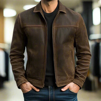 Men's Simple Style Solid Color Jacket With Zipper Placket In Dyed Black, Made From Durable PU Fabric