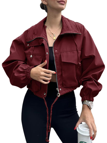 Elegant Solid Color Women's Jacket Coat With Zipper Placket, Made From Cotton Blends Fabric