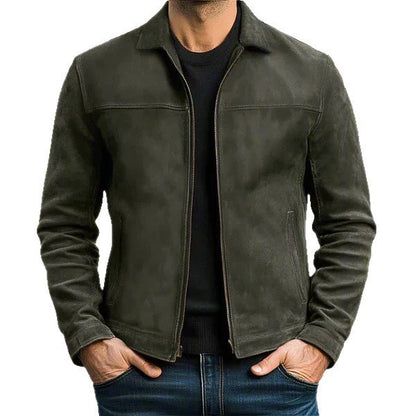 Men's Simple Style Solid Color Jacket With Zipper Placket In Dyed Black, Made From Durable PU Fabric