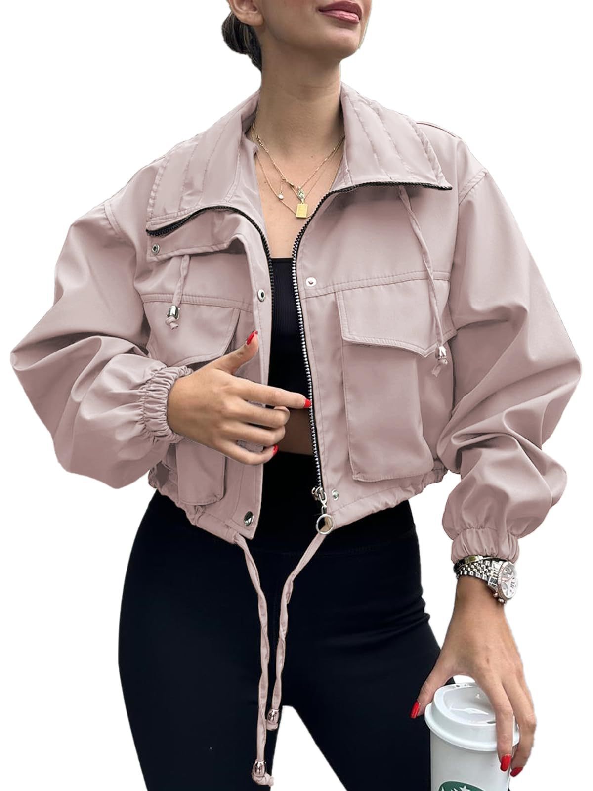 Elegant Solid Color Women's Jacket Coat With Zipper Placket, Made From Cotton Blends Fabric