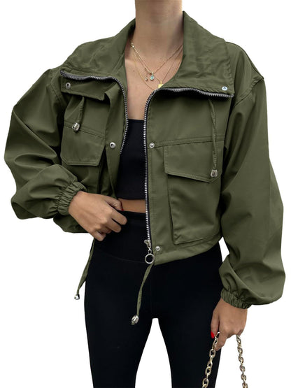 Elegant Solid Color Women's Jacket Coat With Zipper Placket, Made From Cotton Blends Fabric